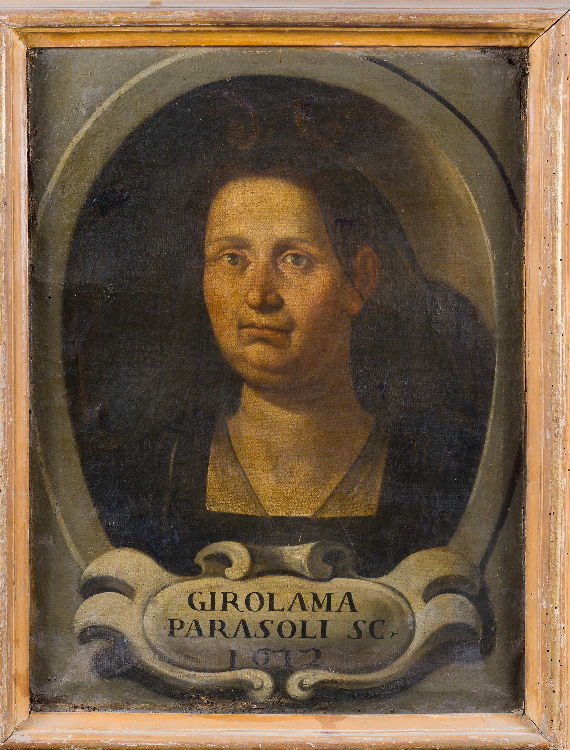 A painting shows a woman from the bust up, gazing directly at the viewer. She wears black and a widow's veil. Her figure is set within a medallion-like frame that appears inside the larger frame of the image. A cartouche is inscribed with another variant of her name: “Girolama Parasoli Sc./1612.” The “Sc.” is for sculptor, as printmakers were described because they carved different media—in her case, wooden blocks to create woodcuts.