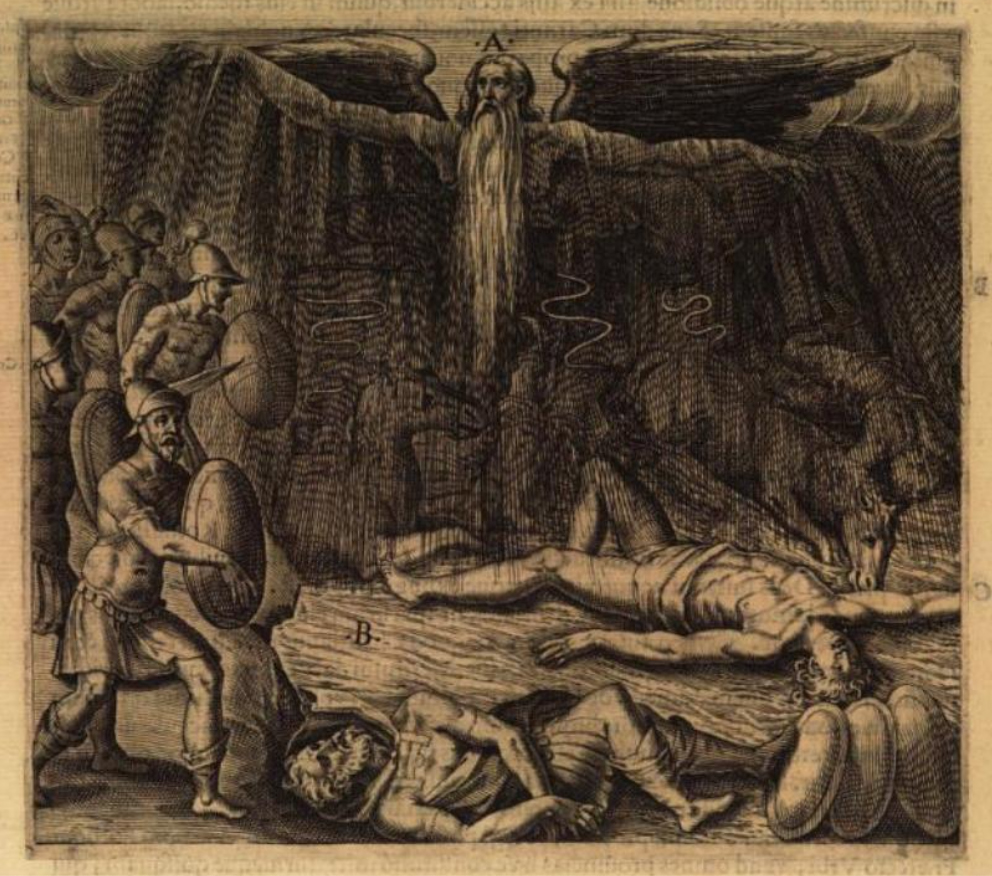 A winged, god-like figure with a long beard is depicted at the center of the composition. He summons clouds and lightning over the soldiers below.