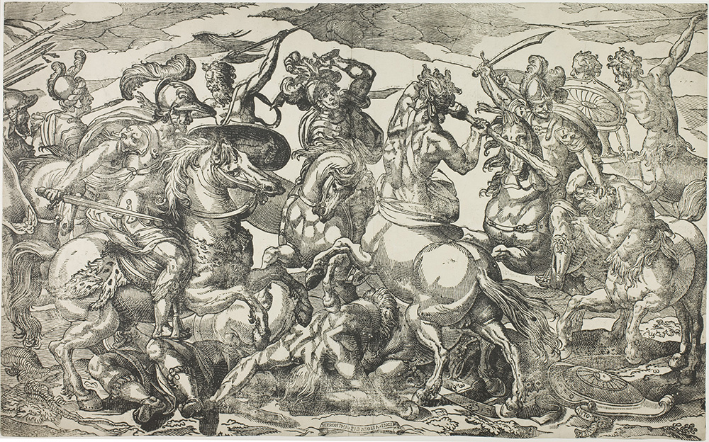 A battle scene with soldiers on horseback occupies most of the composition. There are several fallen men.